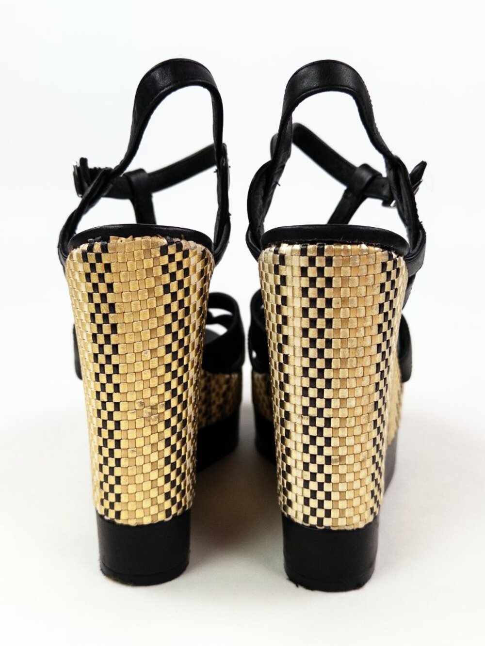 Lauren Ralph Lauren Black Leather Tweed Wedge Platform Sandals Sz 8.5 - Picture 5 of 8